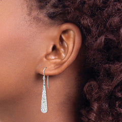 QE7161 Sterling Silver Rhodium-plated Hammered Teardrop Dangle Earrings