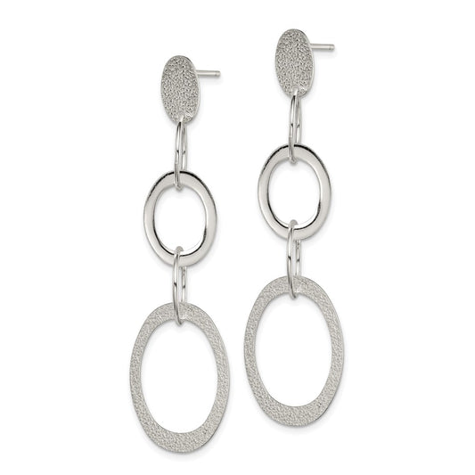 QE7185 Sterling Silver Polished & Textured Circle & Oval Links Post Dangle Earring