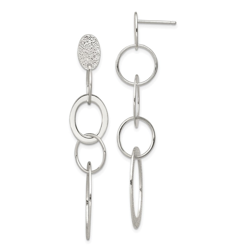 QE7185 Sterling Silver Polished & Textured Circle & Oval Links Post Dangle Earring