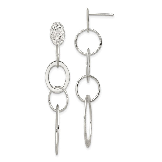 QE7185 Sterling Silver Polished & Textured Circle & Oval Links Post Dangle Earring