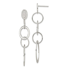 QE7185 Sterling Silver Polished & Textured Circle & Oval Links Post Dangle Earring