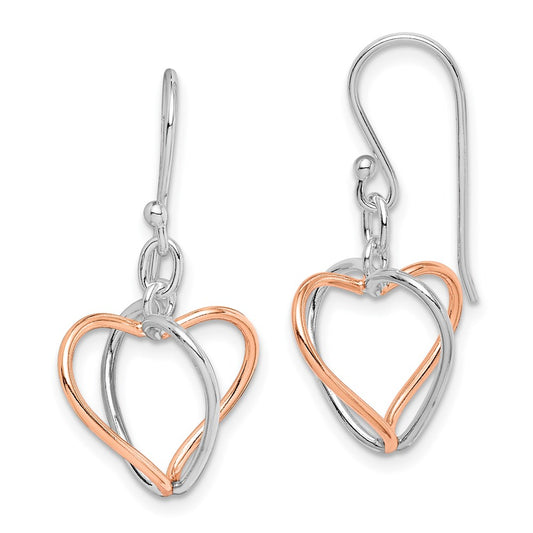QE7233 Sterling Silver w/Rose Vermeil Heart Dangle Earrings