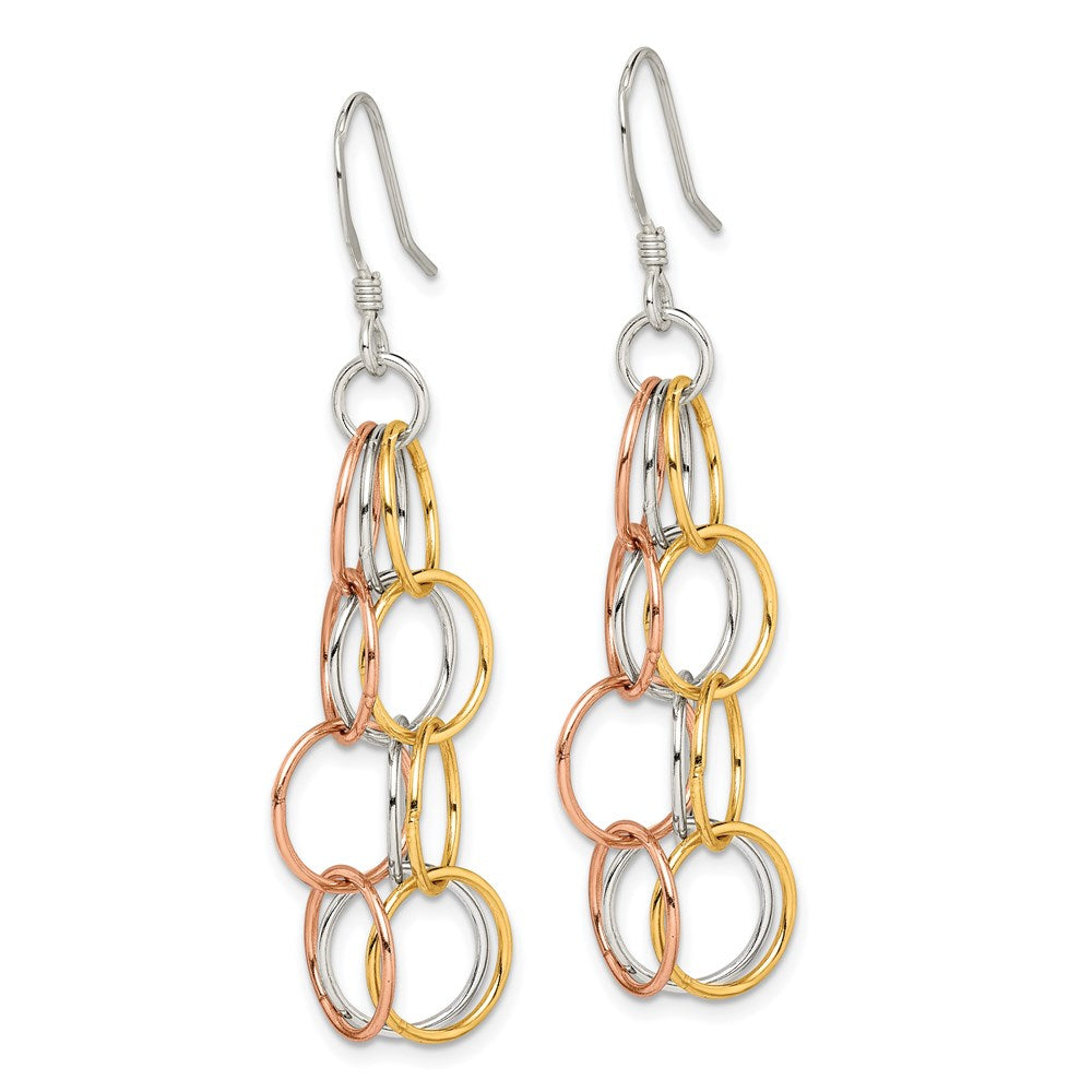 QE7239 Sterling Silver w/ Tri-color Vermeil Polished Circle Link Dangle Earrings