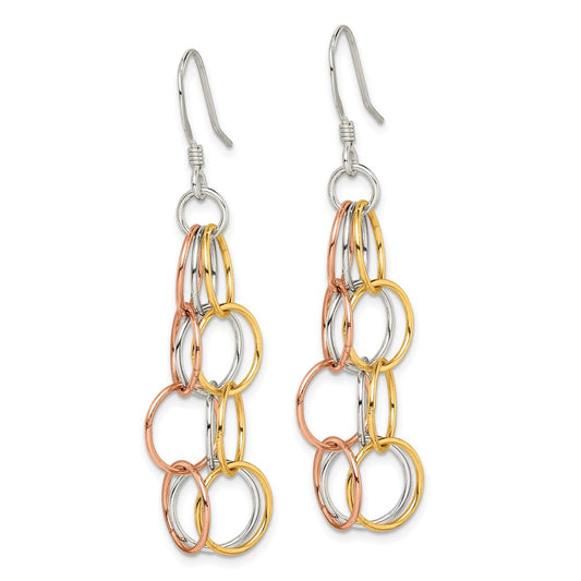 QE7239 Sterling Silver w/ Tri-color Vermeil Polished Circle Link Dangle Earrings