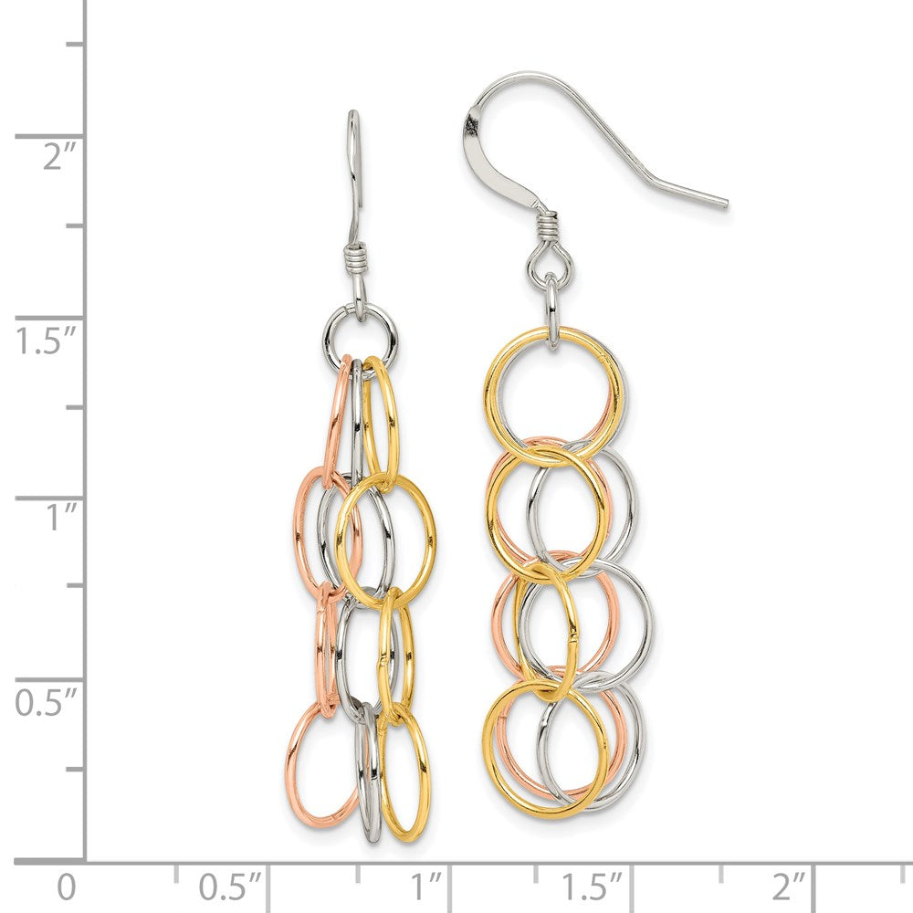 QE7239 Sterling Silver w/ Tri-color Vermeil Polished Circle Link Dangle Earrings