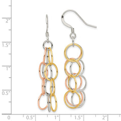 QE7239 Sterling Silver w/ Tri-color Vermeil Polished Circle Link Dangle Earrings