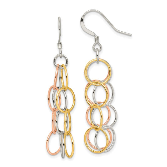 QE7239 Sterling Silver w/ Tri-color Vermeil Polished Circle Link Dangle Earrings