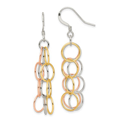 QE7239 Sterling Silver w/ Tri-color Vermeil Polished Circle Link Dangle Earrings
