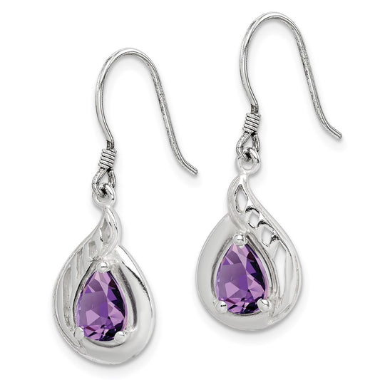 QE7317 Sterling Silver Amethyst Polished Fancy Dangle Earrings