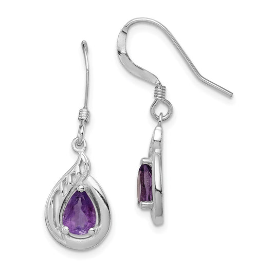 QE7317 Sterling Silver Amethyst Polished Fancy Dangle Earrings