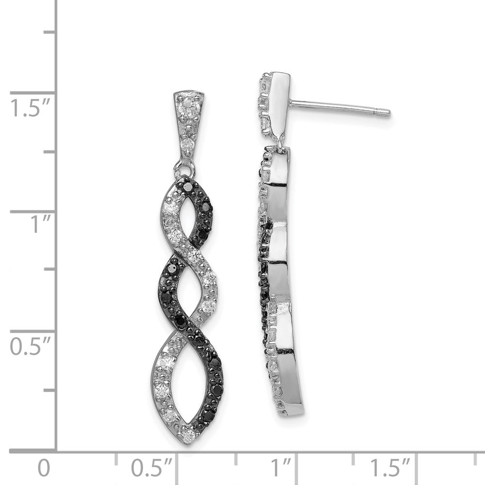 QE7337 Sterling Silver Rhod-plated Black & White CZ Twist Post Dangle Earrings