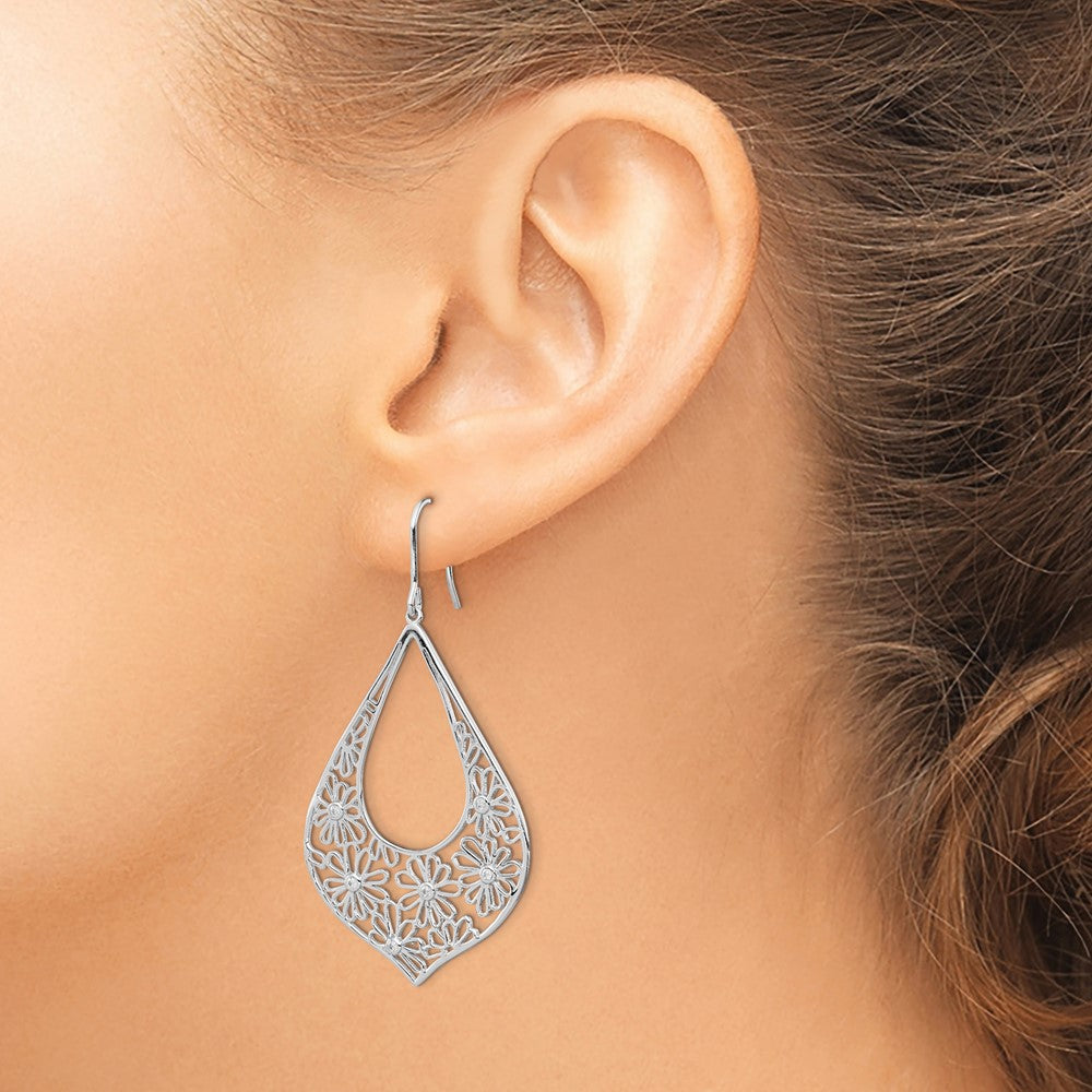 QE7360 Sterling Silver Rhodium-plated Polished CZ Floral Teardrop Dangle Earrings