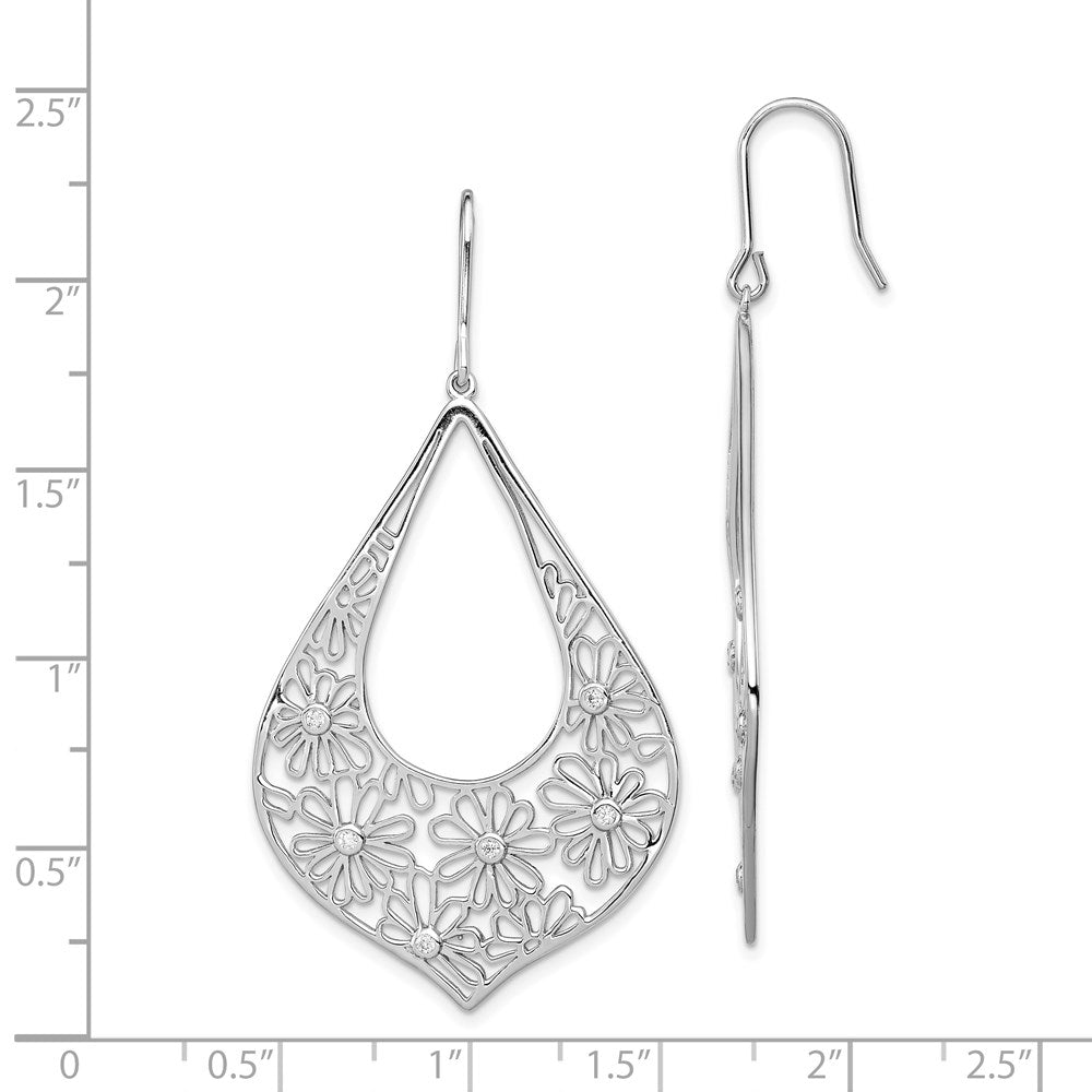 QE7360 Sterling Silver Rhodium-plated Polished CZ Floral Teardrop Dangle Earrings