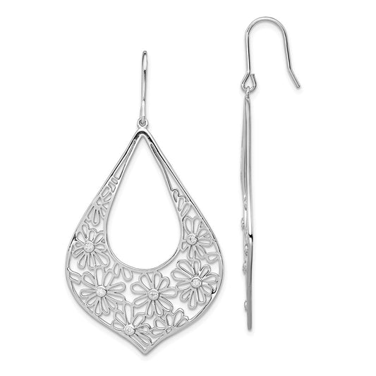 QE7360 Sterling Silver Rhodium-plated Polished CZ Floral Teardrop Dangle Earrings