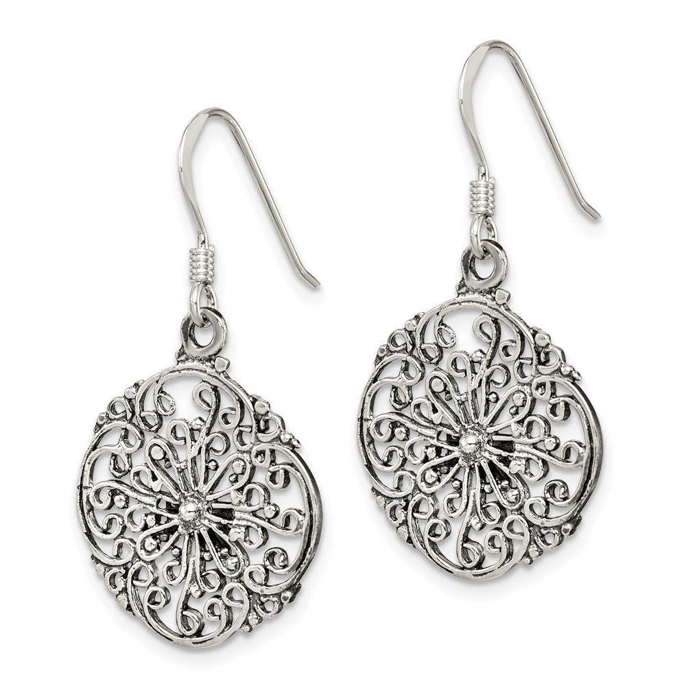 QE7375 Sterling Silver Polished & Antiqued Filigree Circle Dangle Earrings