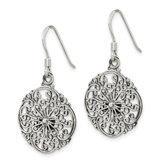 QE7375 Sterling Silver Polished & Antiqued Filigree Circle Dangle Earrings