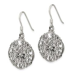 QE7375 Sterling Silver Polished & Antiqued Filigree Circle Dangle Earrings