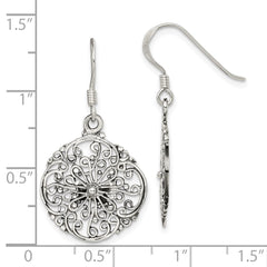 QE7375 Sterling Silver Polished & Antiqued Filigree Circle Dangle Earrings
