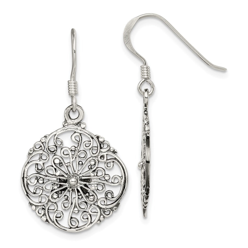 QE7375 Sterling Silver Polished & Antiqued Filigree Circle Dangle Earrings