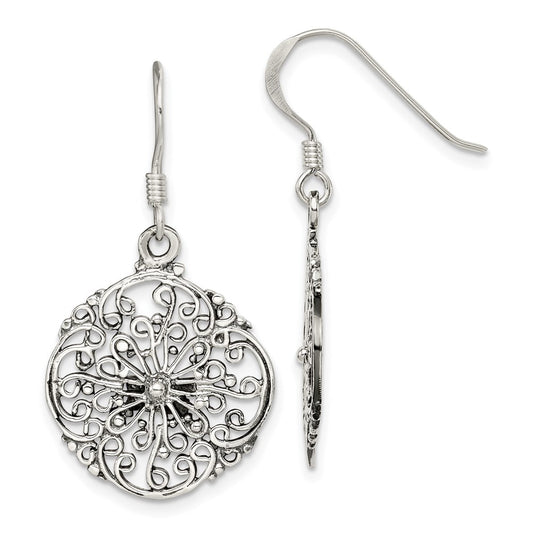 QE7375 Sterling Silver Polished & Antiqued Filigree Circle Dangle Earrings