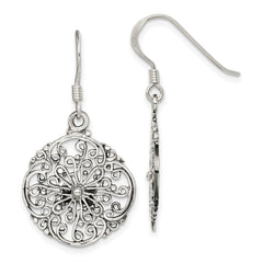 QE7375 Sterling Silver Polished & Antiqued Filigree Circle Dangle Earrings