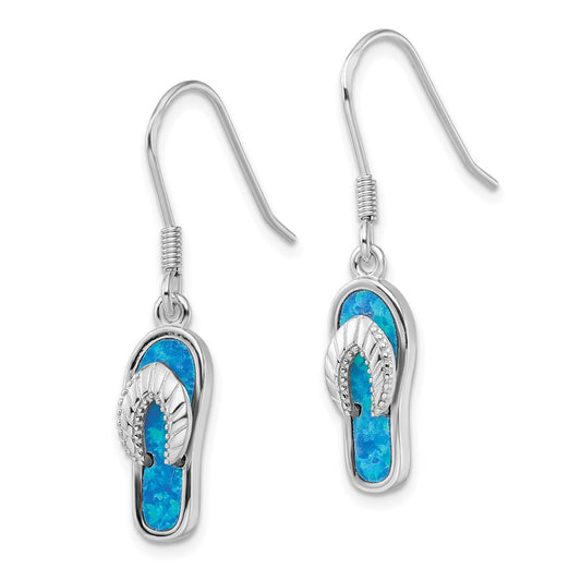 QE7433 Sterling Silver Rhodium-plated Created Blue Inlay Opal Sandal Dangle Earrings