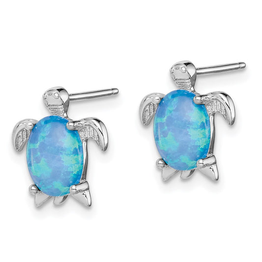 QE7435 Sterling Silver Rhodium-plated Created Opal Polished Turtle Post Earrings