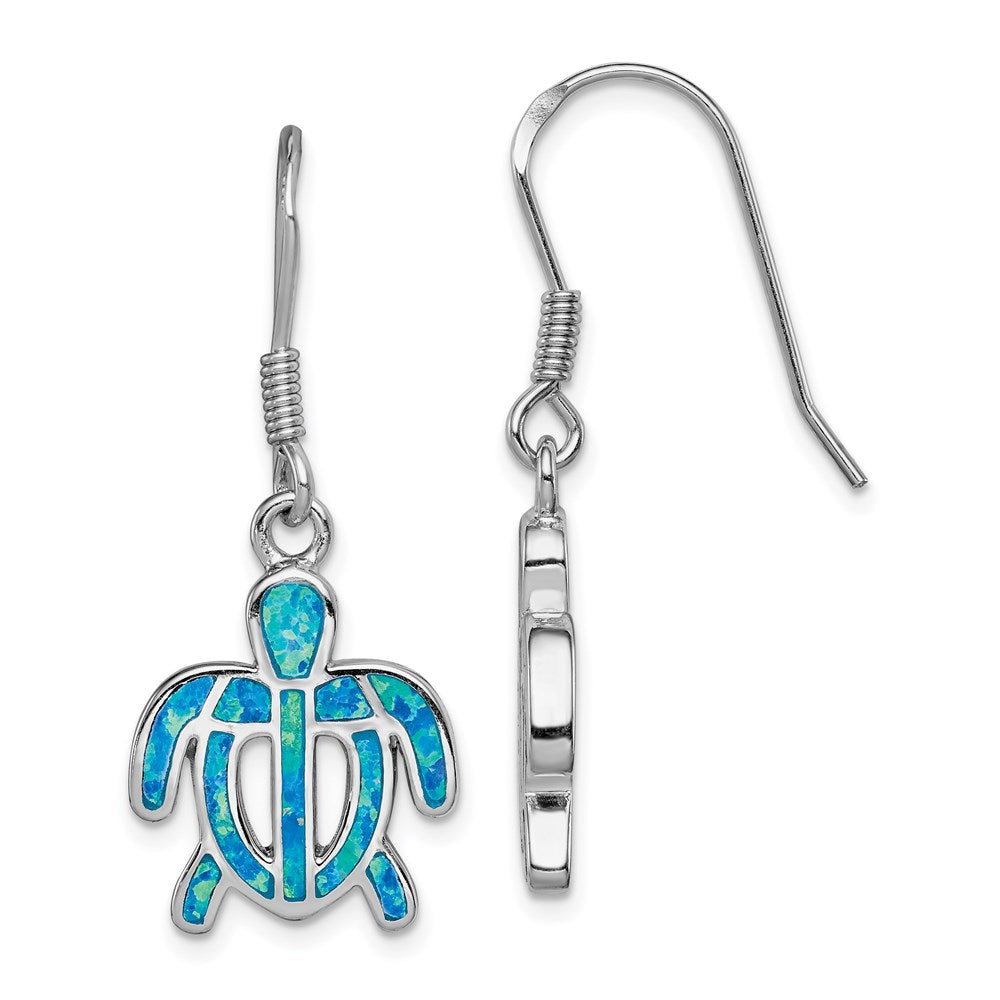 QE7436 Sterling Silver Rhodium-plated Created Blue Opal Inlay Tortoise Dangle Earrings