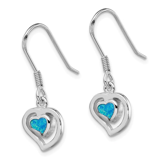 QE7437 Sterling Silver Rhod-pltd Created Blue Opal Inlay Heart Dangle Earrings