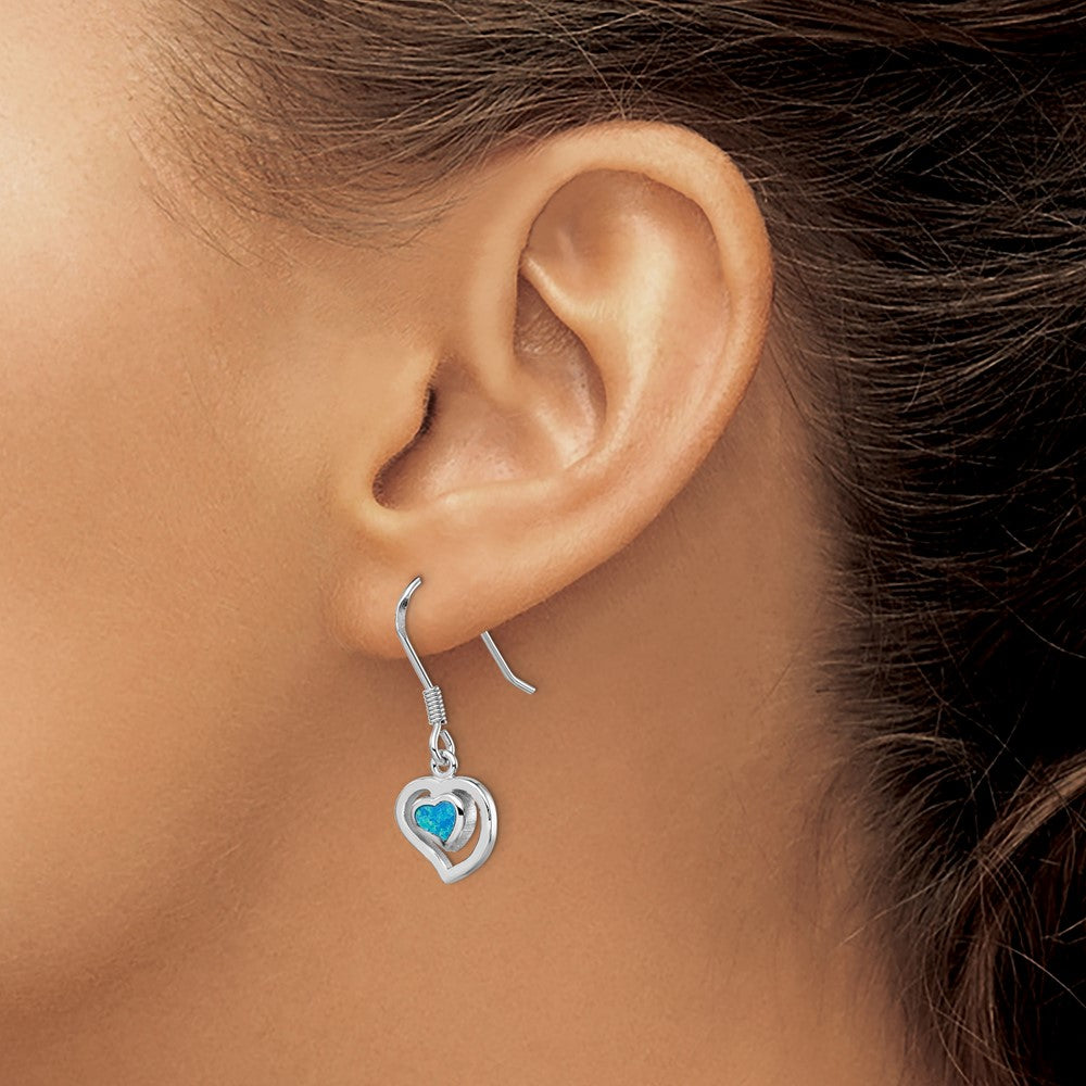 QE7437 Sterling Silver Rhod-pltd Created Blue Opal Inlay Heart Dangle Earrings