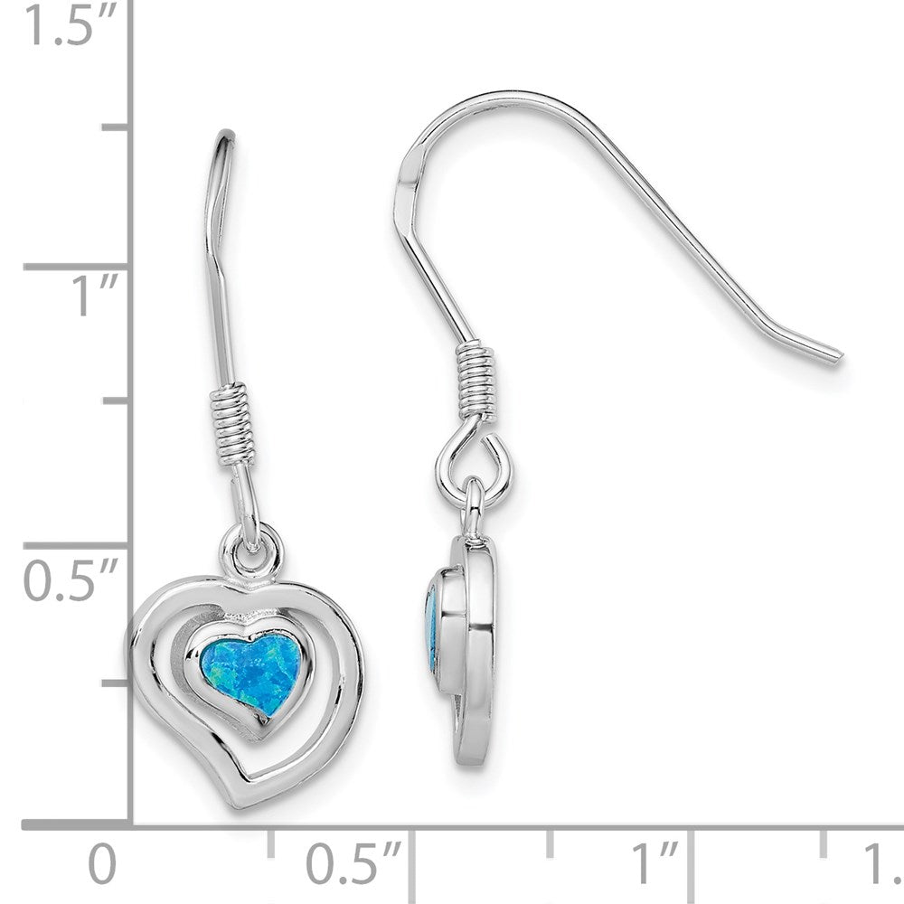 QE7437 Sterling Silver Rhod-pltd Created Blue Opal Inlay Heart Dangle Earrings