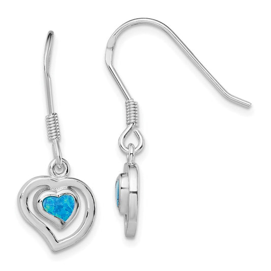 QE7437 Sterling Silver Rhod-pltd Created Blue Opal Inlay Heart Dangle Earrings