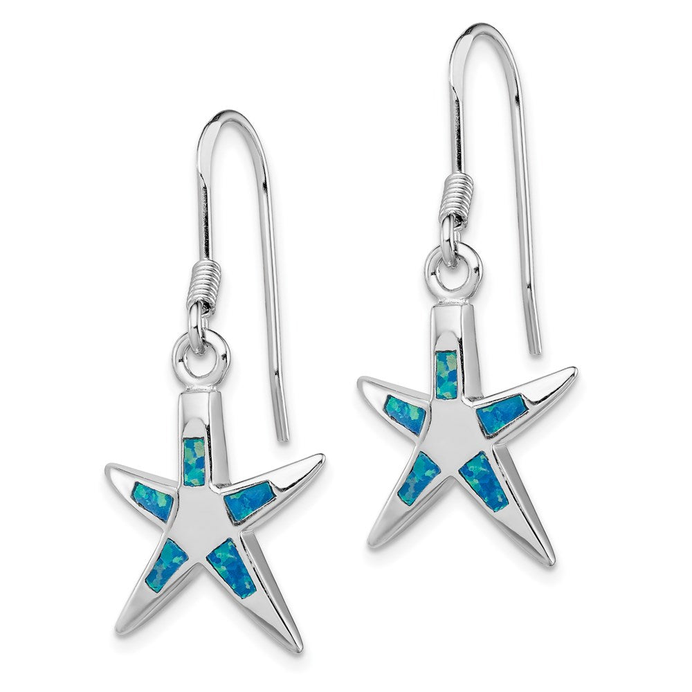 QE7438 Sterling Silver Rhodium-plated Polished Created Blue Opal Inlay Starfish Dangle Earrings