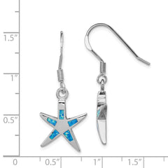 QE7438 Sterling Silver Rhodium-plated Polished Created Blue Opal Inlay Starfish Dangle Earrings