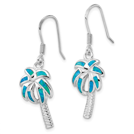 QE7441 Sterling Silver Rhodium-plated Created Blue Opal Inlay Palm Tree Dangle Earrings