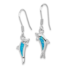 QE7442 Sterling Silver Rhodium-plated Polished Created Blue Opal Inlay Dolphin Dangle Earrings