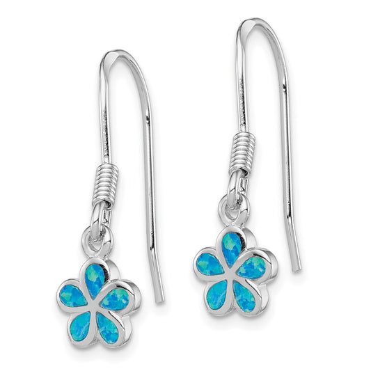 QE7443 Sterling Silver Rhod-pltd Created Blue Opal Inlay Flower Dangle Earrings