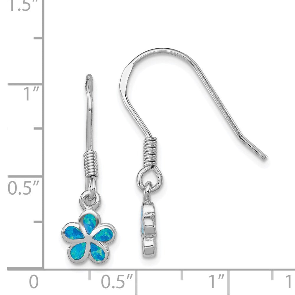 QE7443 Sterling Silver Rhod-pltd Created Blue Opal Inlay Flower Dangle Earrings