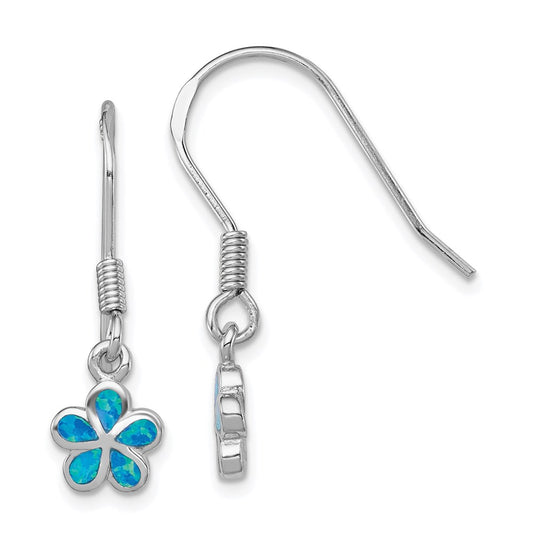 QE7443 Sterling Silver Rhod-pltd Created Blue Opal Inlay Flower Dangle Earrings