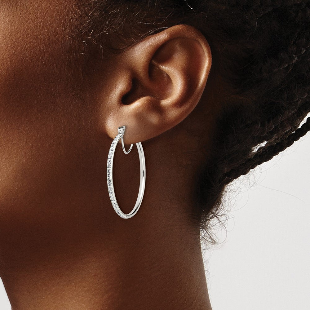 QE7457 Sterling Silver Rhodium-plated White Preciosa Crystal Hoop Earrings