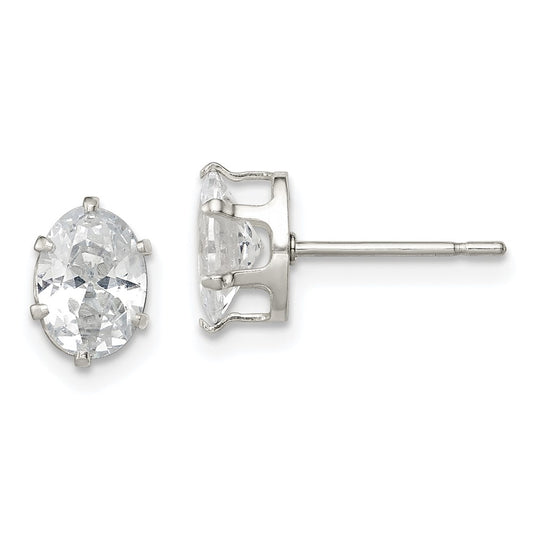 QE7544 Sterling Silver Polished 7x5mm Oval Snap Set CZ Stud Earrings