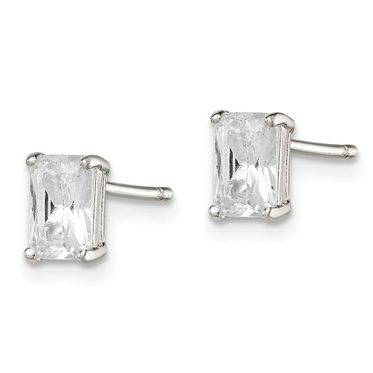 QE7556 Sterling Silver Polished Emerald-cut 6x4mm Basket Set CZ Stud Earrings