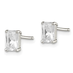 QE7556 Sterling Silver Polished Emerald-cut 6x4mm Basket Set CZ Stud Earrings