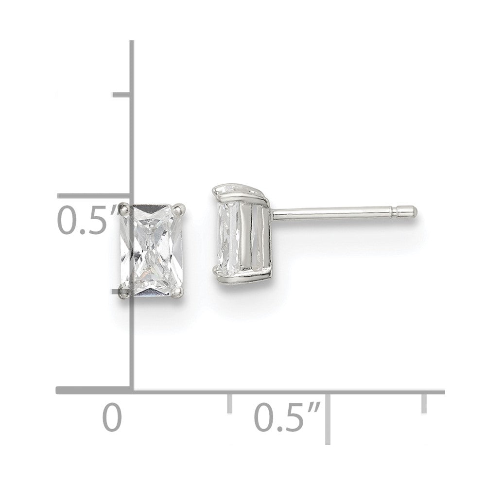 QE7556 Sterling Silver Polished Emerald-cut 6x4mm Basket Set CZ Stud Earrings
