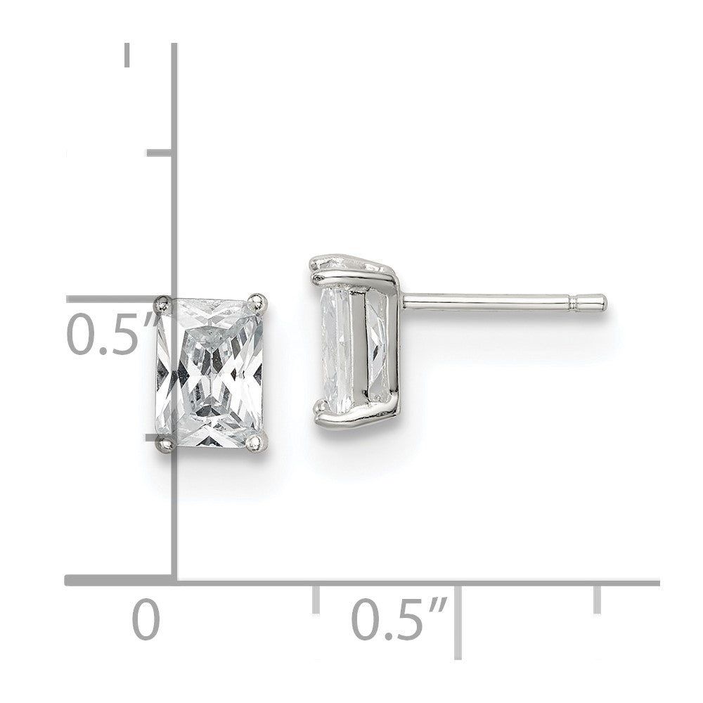 QE7557 Sterling Silver Polished Emerald-cut 7x5mm Basket Set CZ Stud Earrings