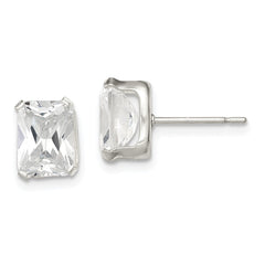 QE7558 Sterling Silver Polished Emerald-cut 8x6mm Basket Set CZ Stud Earrings