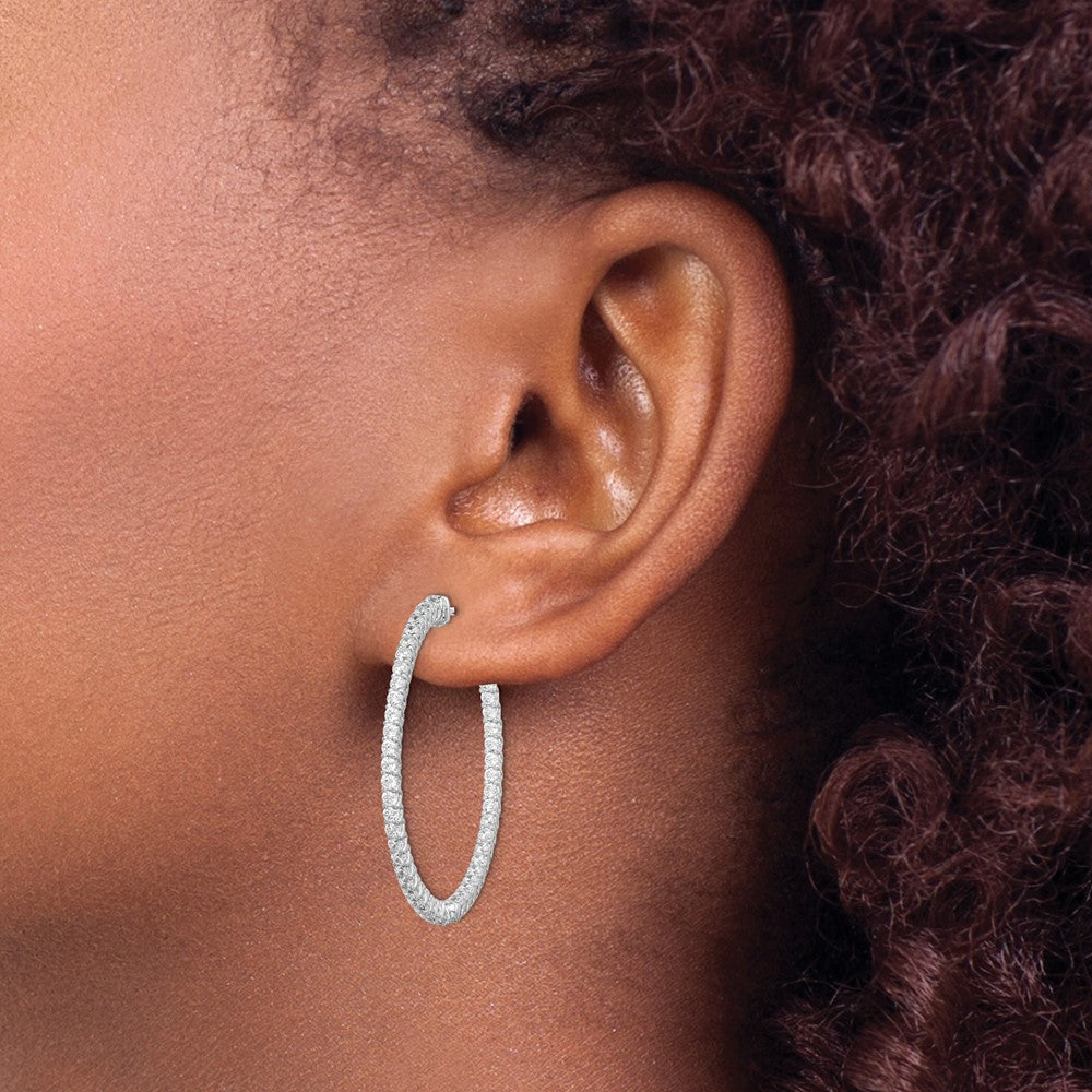 QE7574 Sterling Shimmer Sterling Silver Rhodium-plated 96 Stone 1.7mm CZ In and Out Round Hinged Hoop Earrings