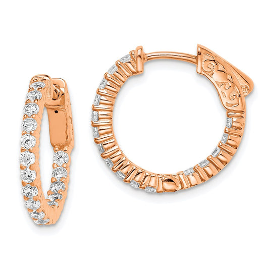QE7575P Sterling Shimmer Sterling Silver Rose-tone Rose Gold-plated 32 Stone 2.0mm CZ In and Out Round Hinged Hoop Earrings