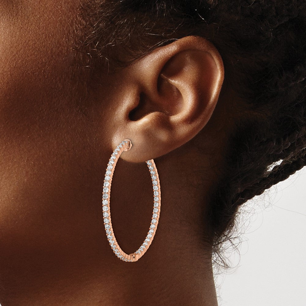 QE7577P Sterling Shimmer Sterling Silver Rose-tone Flash Rose Gold-plated 78 Stone 2mm CZ In and Out Round Hinged Hoop Earrings