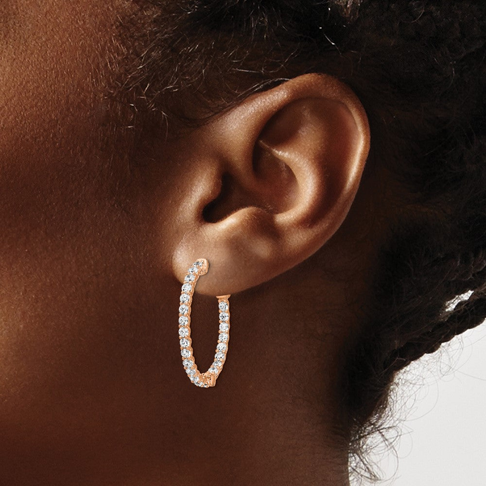QE7578P Sterling Shimmer Sterling Silver Rose-tone Flash Rose Gold-plated 46 Stone 2.25mm CZ In and Out Oval Hinged Hoop Earrings